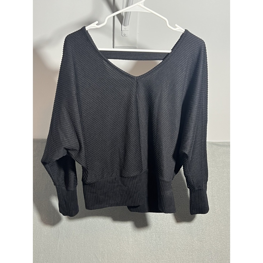 JUST be... Women's Black Ribbed V-Neck Batwing Dolman Sleeve Top Size L